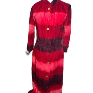 Vintage Sears Faux Fur Maxi Length House Coat Jacket Pink Red Stripe sz 14